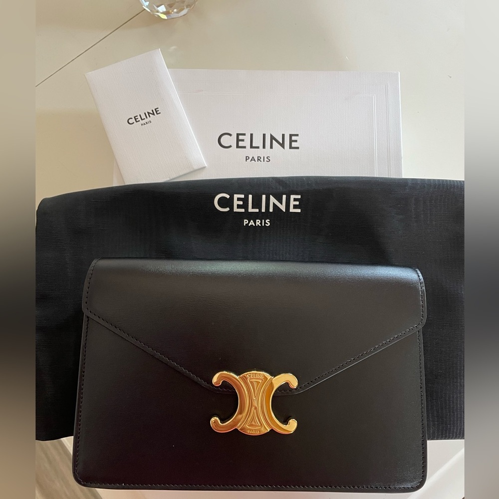 Celine Margo Chain wallet Black Leather Triomphe Crossbody with Gold Hardware
